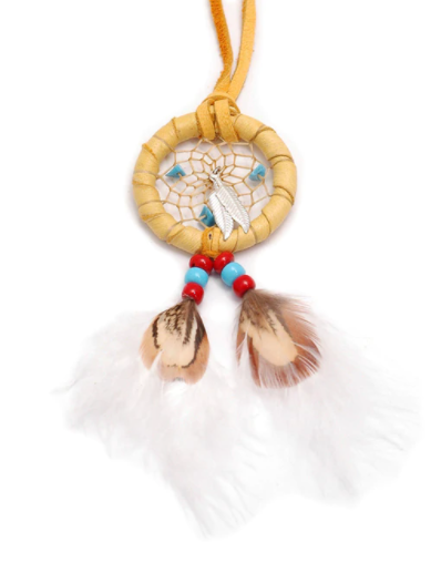 Tan Navajo Dream Catcher Necklace With Turquoise Beading & Feathers