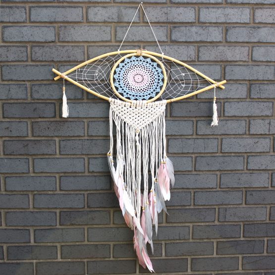 Protection Dream Catcher - Large Macrame Eye Blue- White-Pink